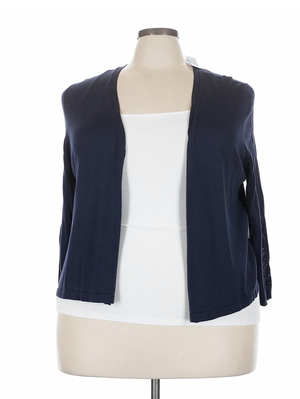 CJ Banks Navy Open-Front Cardigan with Lace-Detail Sleeves - Picture 2 of 9